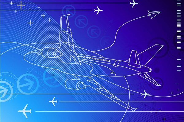 Drawing of an airplane with lines and with a vector