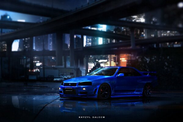 Blue car on the background of the night city