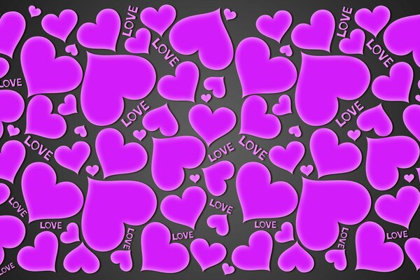 Purple hearts and love inscriptions on a dark background