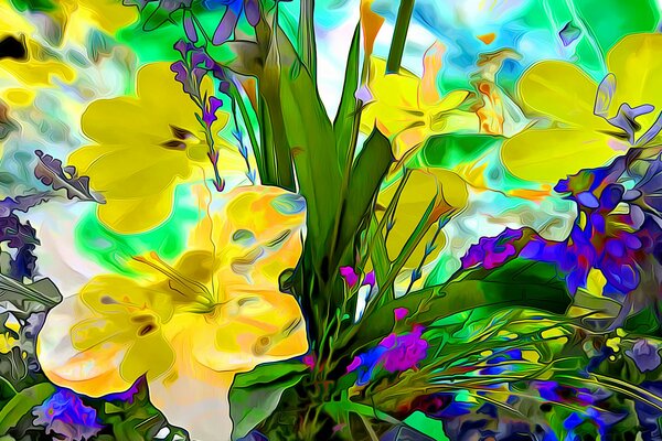 Yellow and blue flowers in macro photography