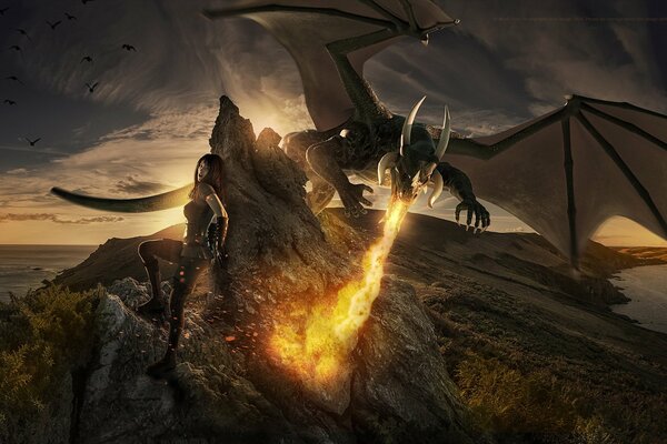 A girl and a dragon are fighting for the land