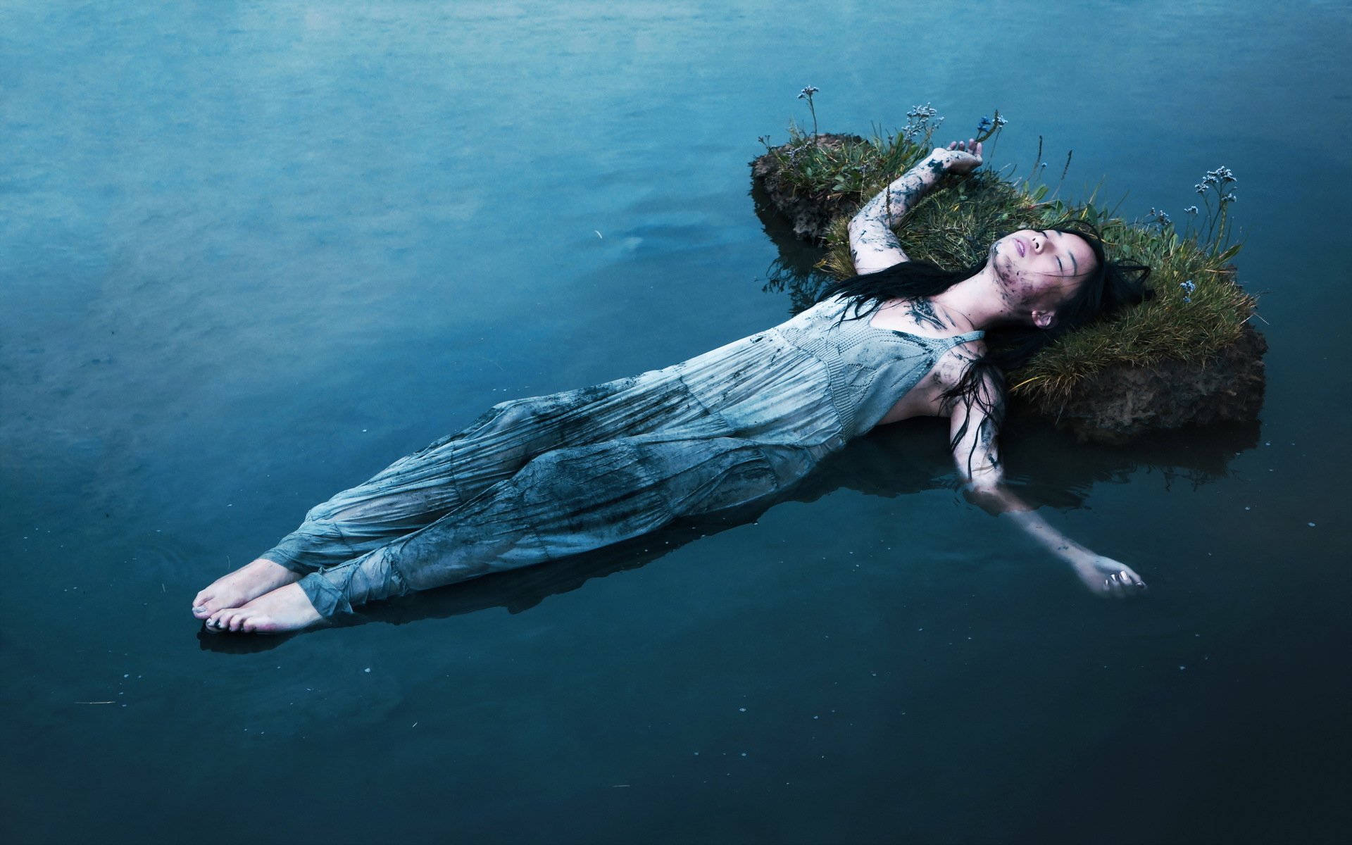 girl water grass flower dress brunette quiet