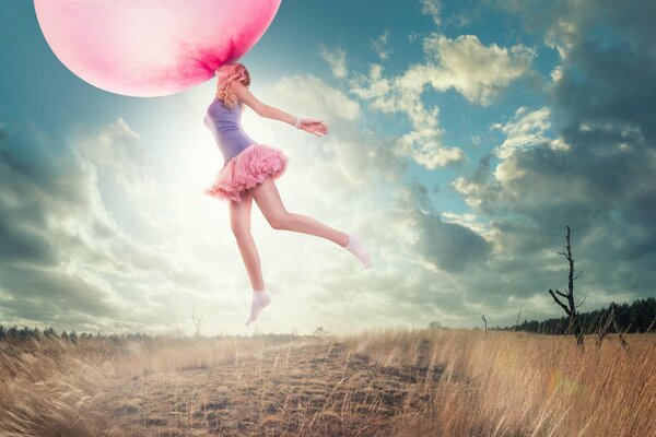 A girl takes off on a ball of chewing gum