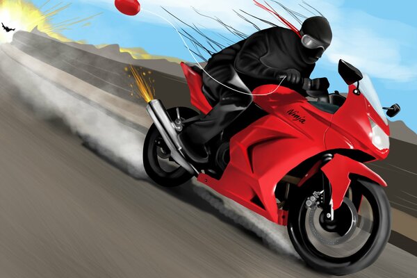 Ninja on a motorcycle with a balloon