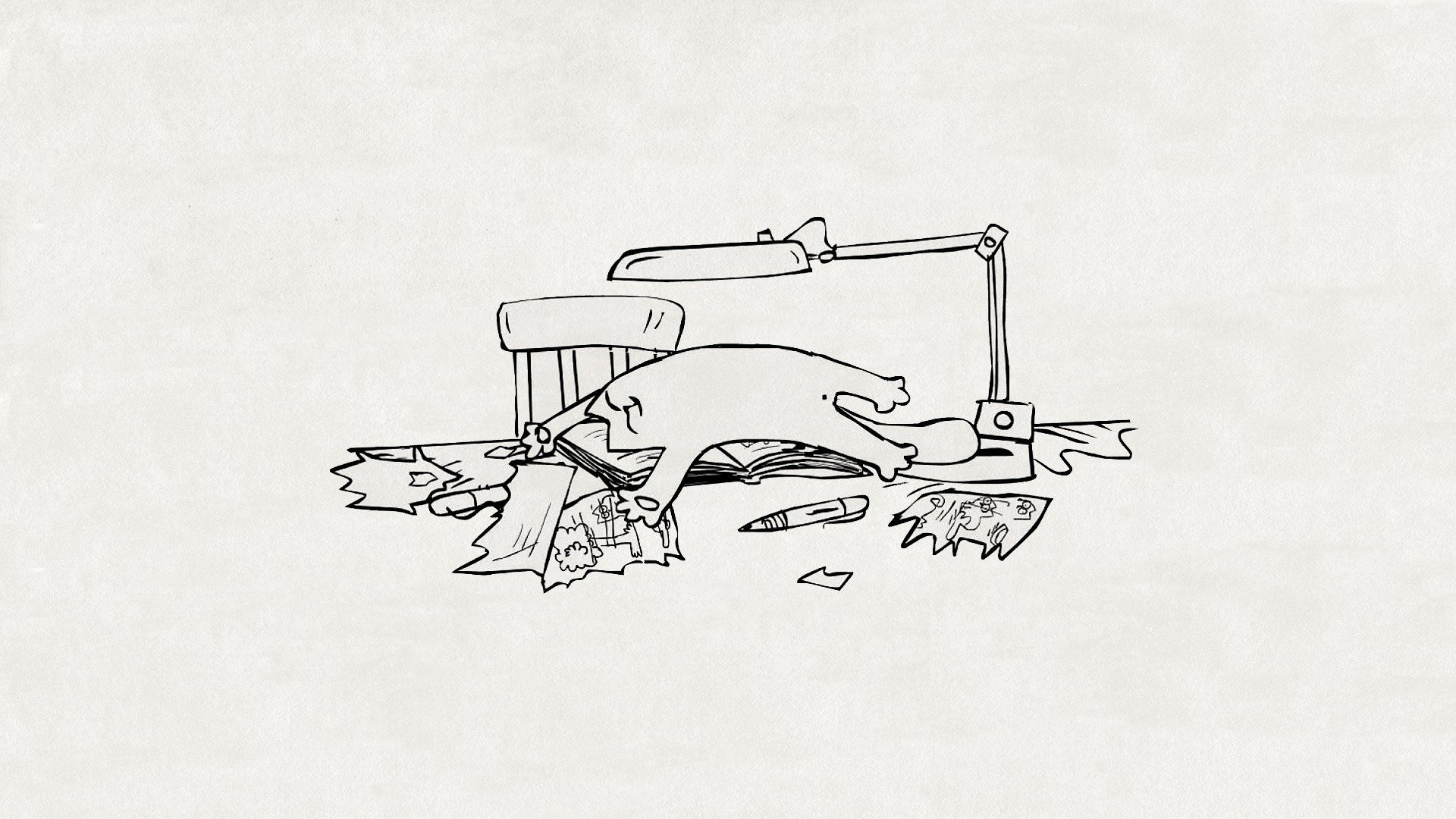 cat kote is table chair light pen paper pieces picture simon s cat