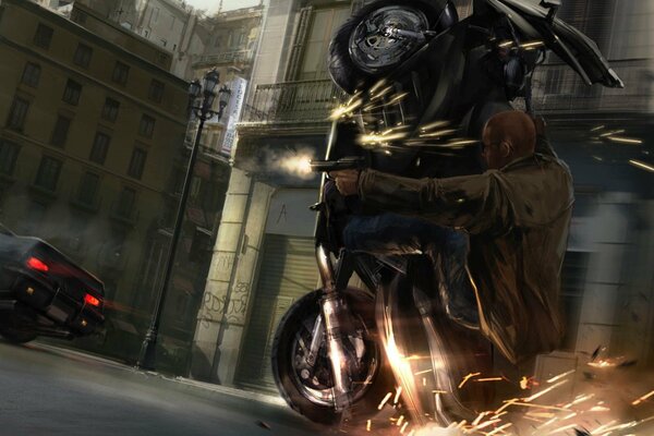 Sparks from a motorcycle in a shooting chase