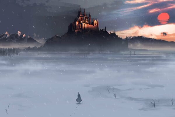 A man walks across a snow-covered field to the castle