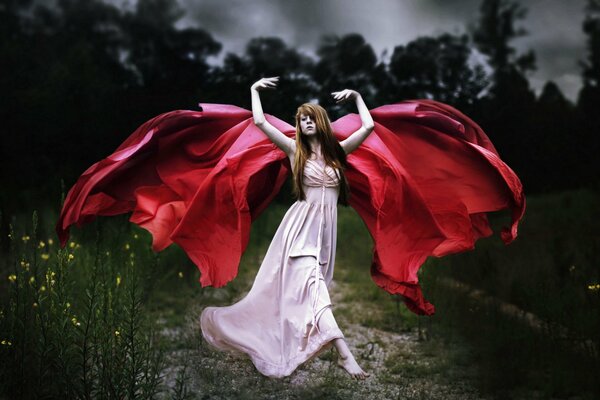 Barefoot girl in a long dress