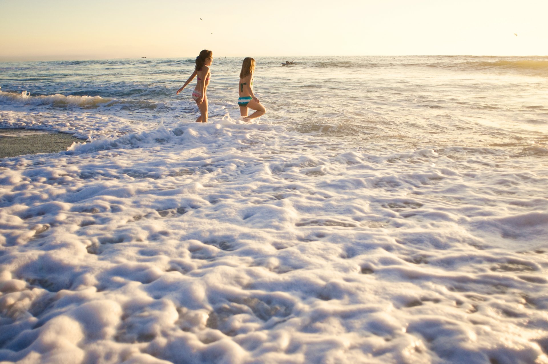 morning ocean waves foam girl