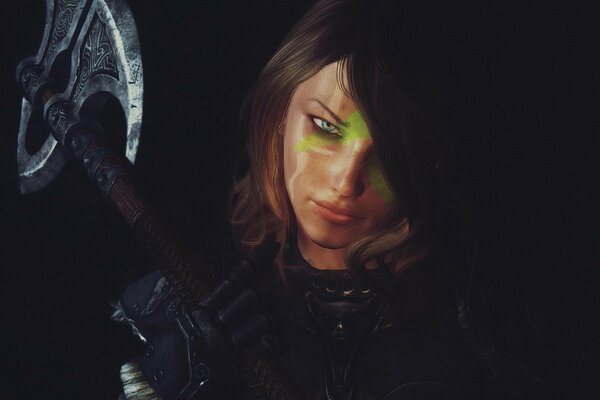 Rendering of a girl with an axe on a black background