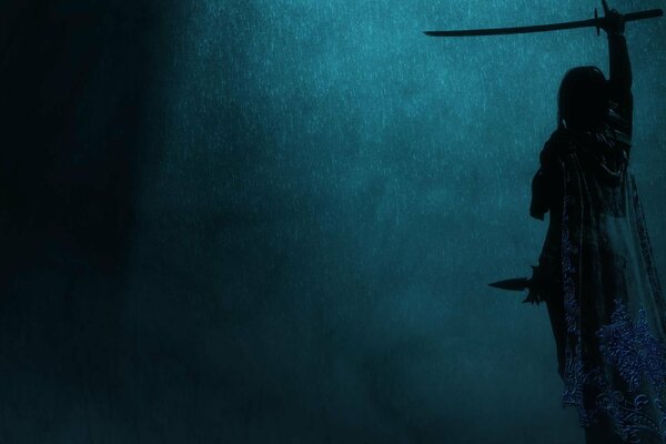 Rendering of a girl with a sword on a dark blue background