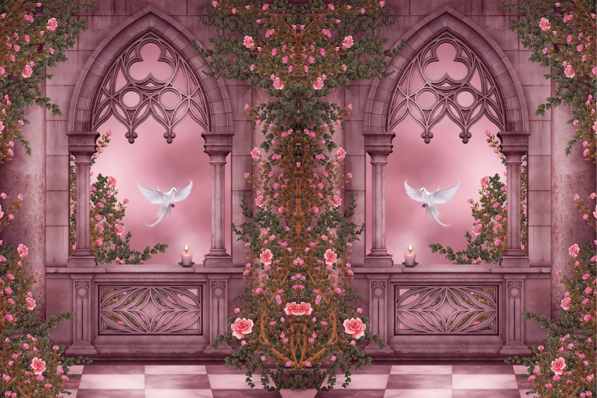 rose garden columns doves arches roses flowers garlands candles rose garden columns window