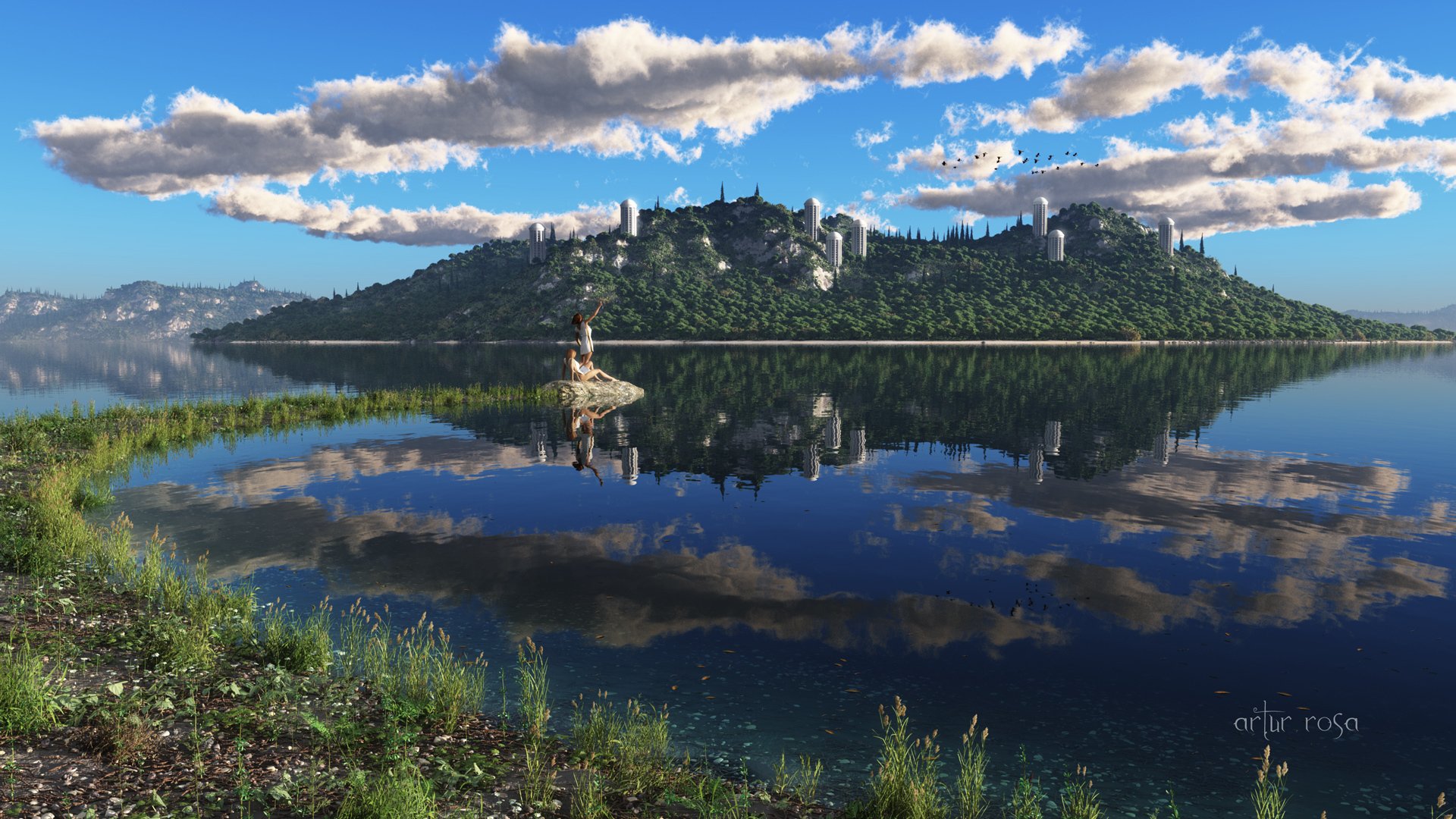 render lake surface of clouds beach girls islands town grass reflection