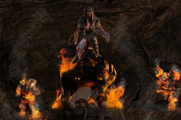 A warrior girl in armor jumps over skulls on fire
