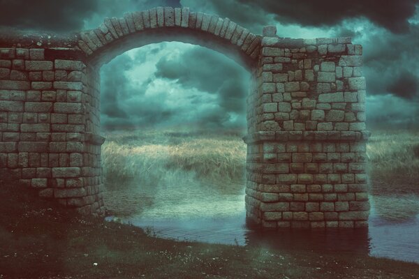 Gloomy arch on the background of the river