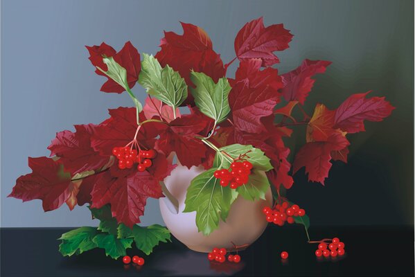 Still life of leaves and berries of viburnum. Autumn mood