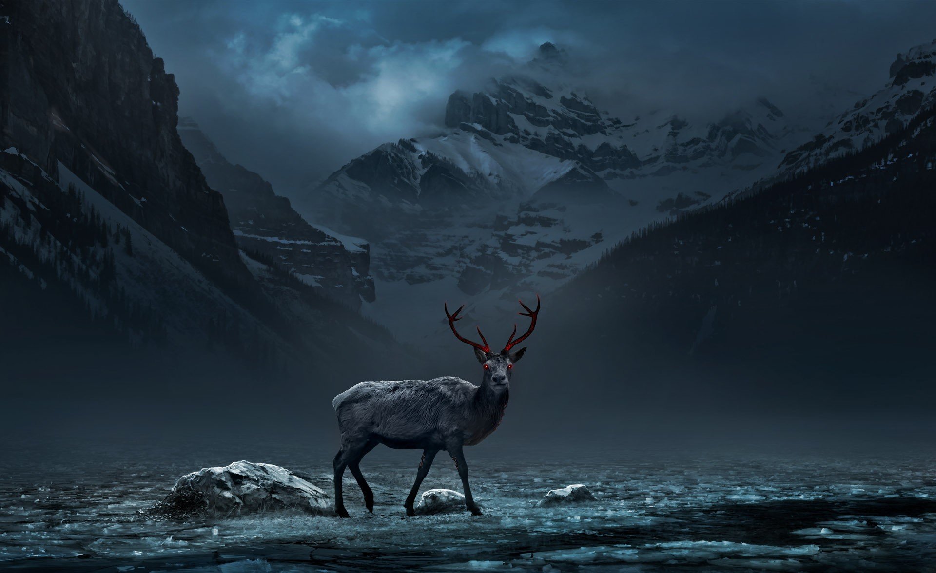 art alexiuss mountain snow nuclear winter reindeer radiation red eye