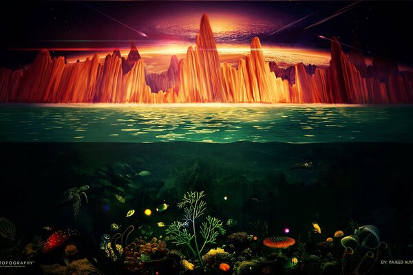 Underwater world and glowing rocks