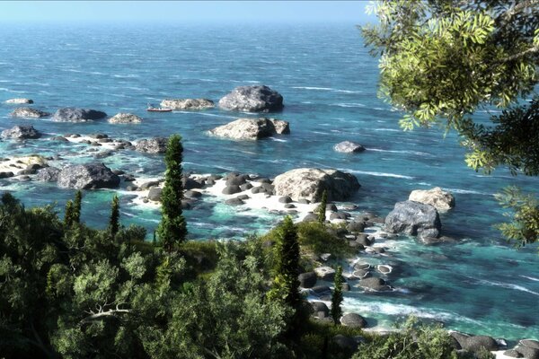 Art landscape rocks and sea
