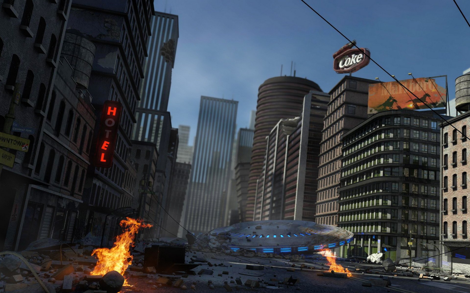 frisbee aliens town signs fire downfall