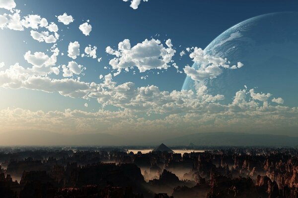 Landscape with a planet in the sky wallpaper