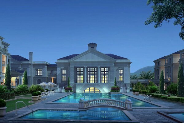 A chic house on the river with fountains, under the evening sky