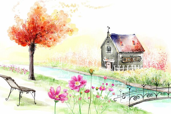 Landscape with a house and a bench