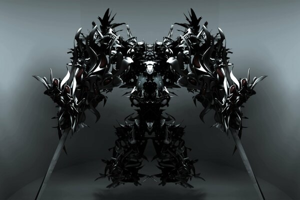 A sinister robot with swords on a gloomy background
