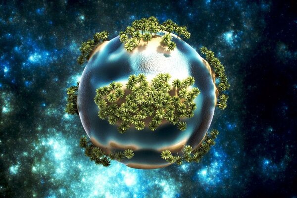 Water planet art with palm trees on the islands