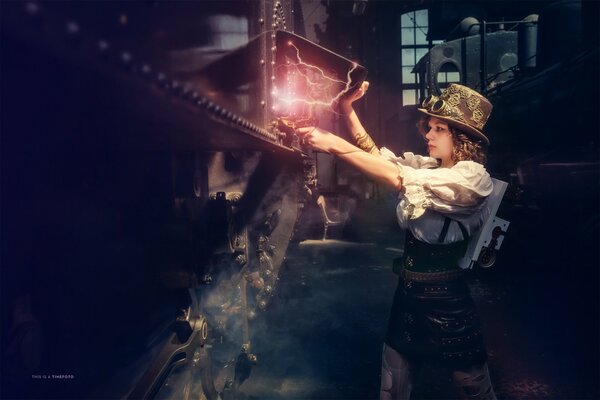 Creative steampunk girl makes a rose