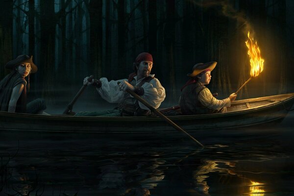 People in a boat floating on the river with a torch