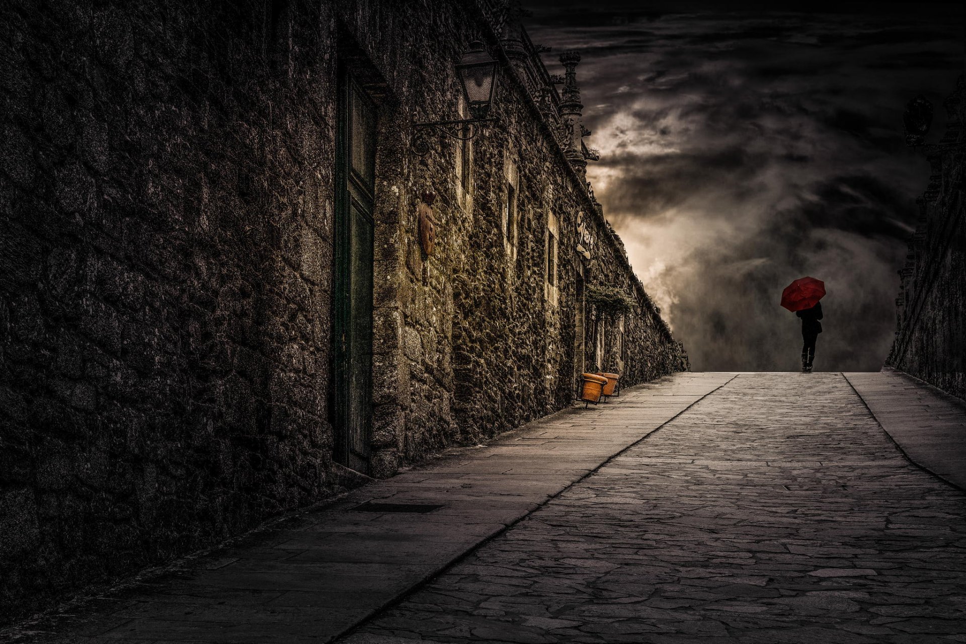 girl street umbrella sky