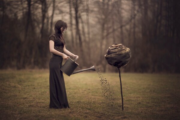 A girl waters a huge flower