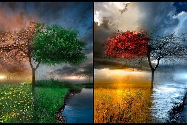 Seasons combined in two paintings