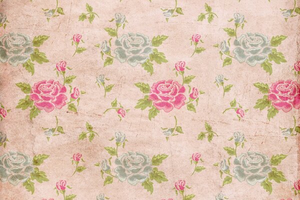 Vintage wallpaper with pink and blue roses