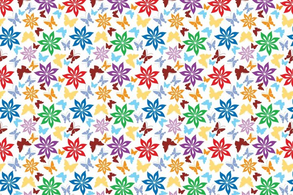 Colorful butterflies and flowers on a white background