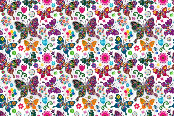 Pattern of butterflies and flowers on a white background