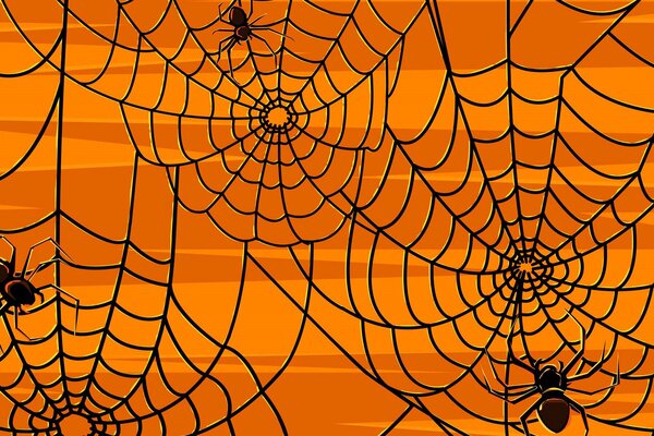 Black spider web pattern with spiders on an orange background