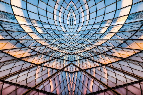 Stained glass window with multicolored lines