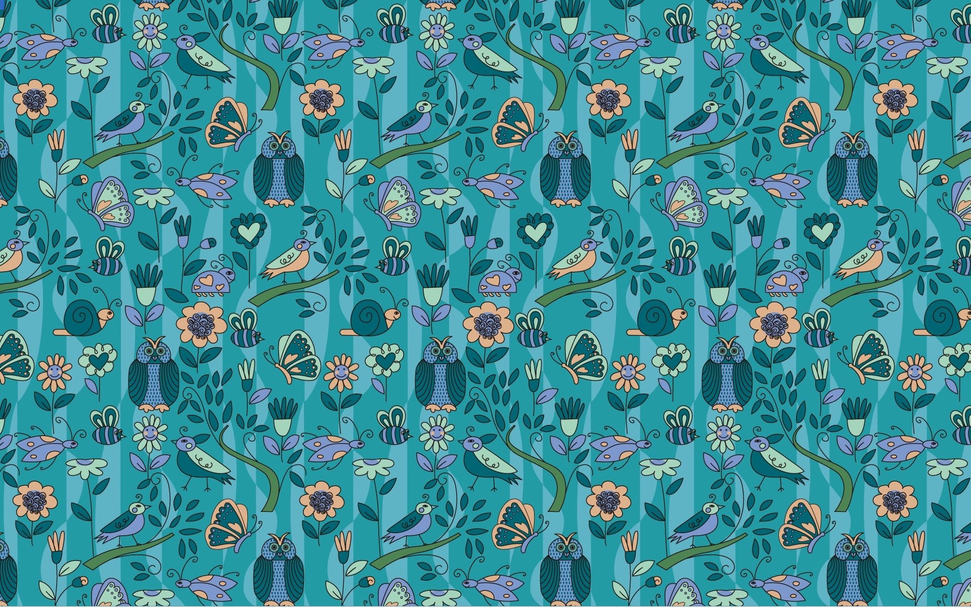 texture background blue color owls butterflies birds snails ladybugs flowers heart