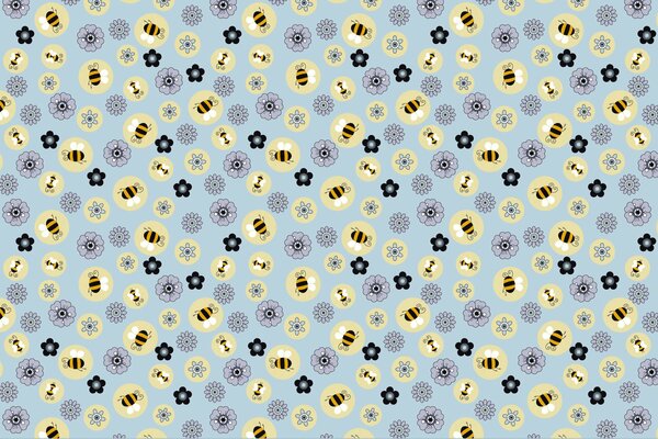 Bright texture. Flowers and bees on the wallpaper