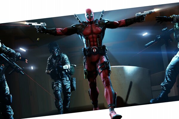 Deadpool shoots pistols to the sides