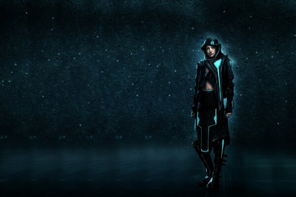 Concept art based on the film Tron with a girl in a hood