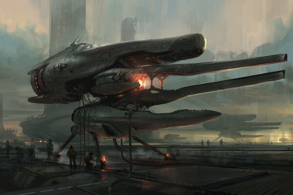A fantastic flying machine from the future in gray tones