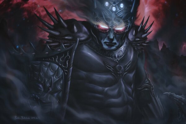 A warrior with burning eyes in armor with spikes