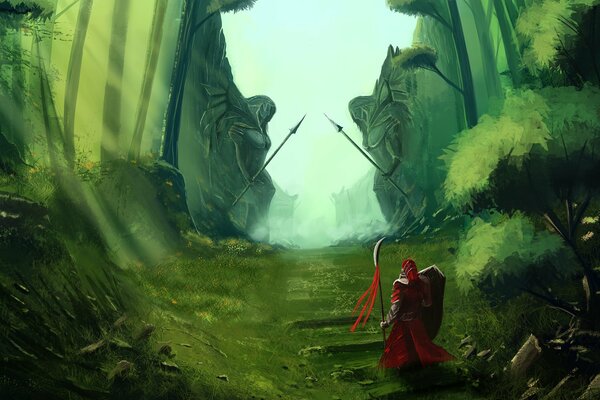 A fantastic warrior with a weapon on the road