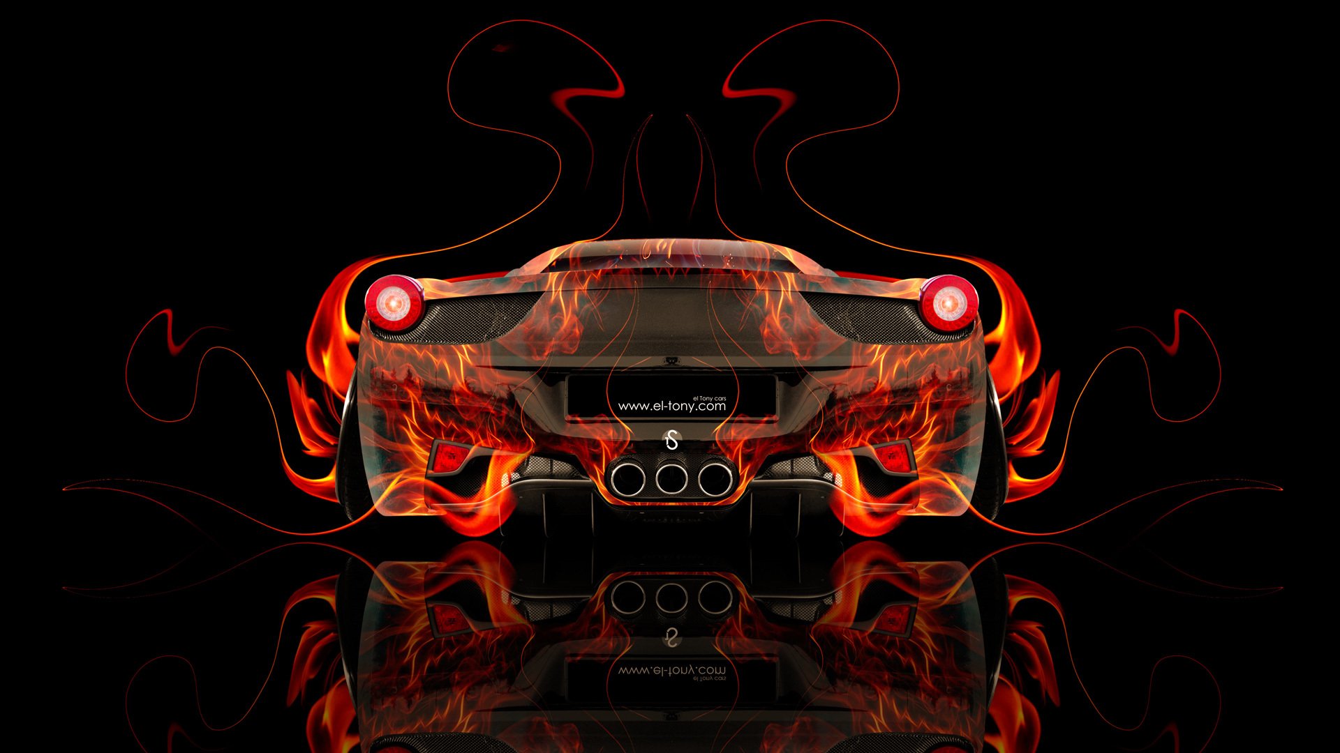 tony cohan ferrari italia back fire abstract car orange black colors wallpaper el tony cars photoshop art design style ferrari italy rear view fiery car fiery auto fire flame background color