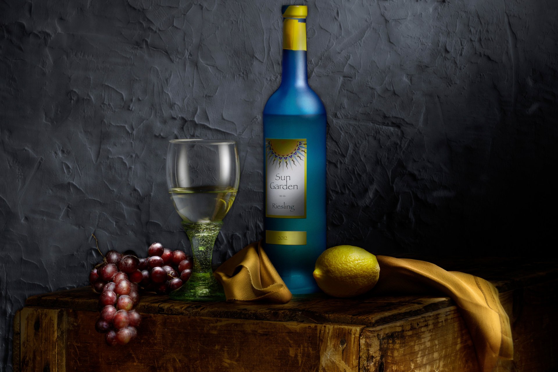 bottle of wine still life grapes lemon wine gla