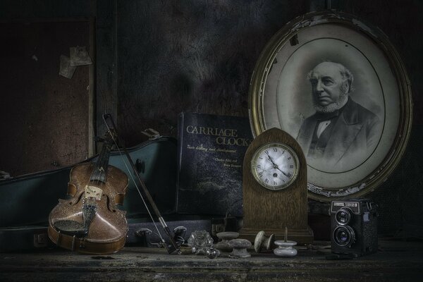 Violin, clock and vintage photo