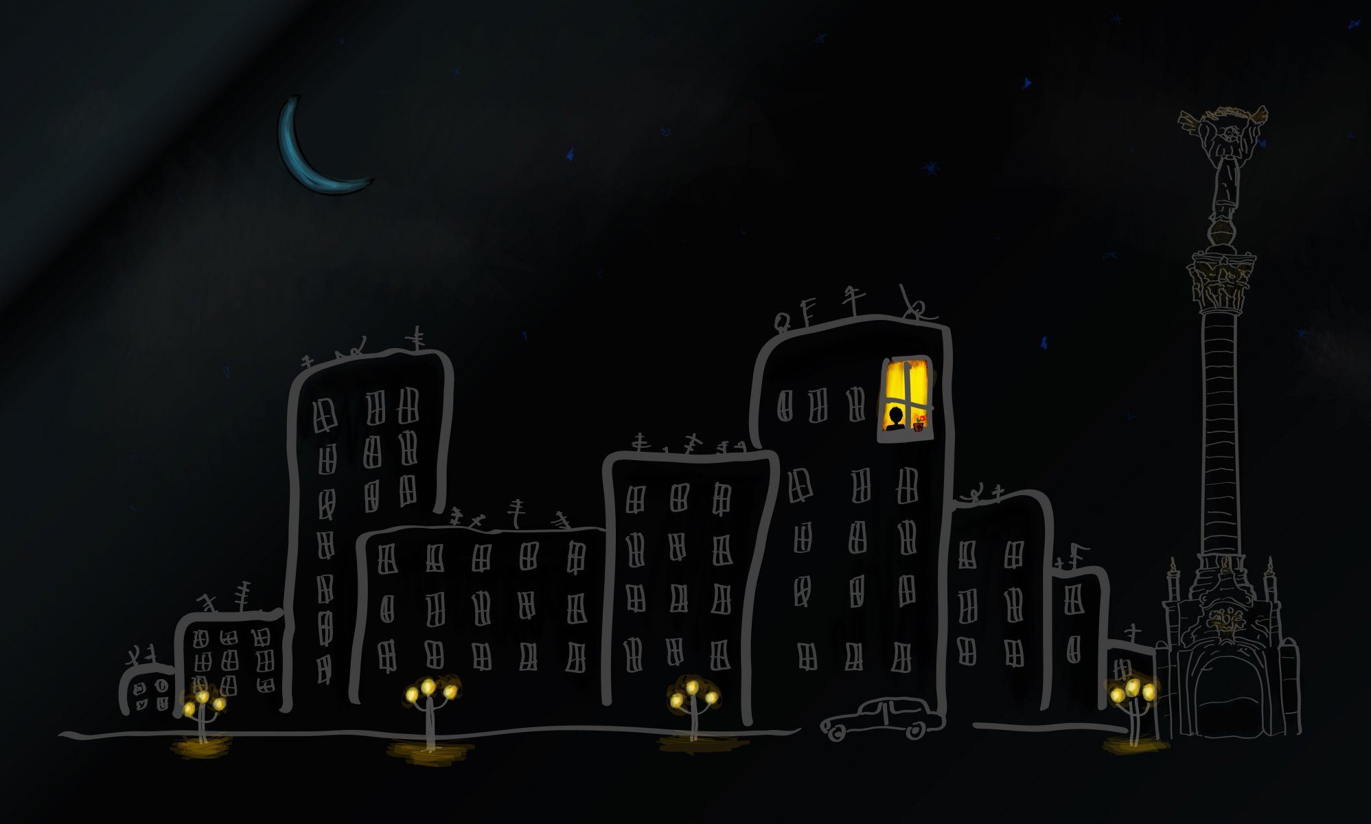 town kiev house window street year moon vehicles light lamps rendering sky star night